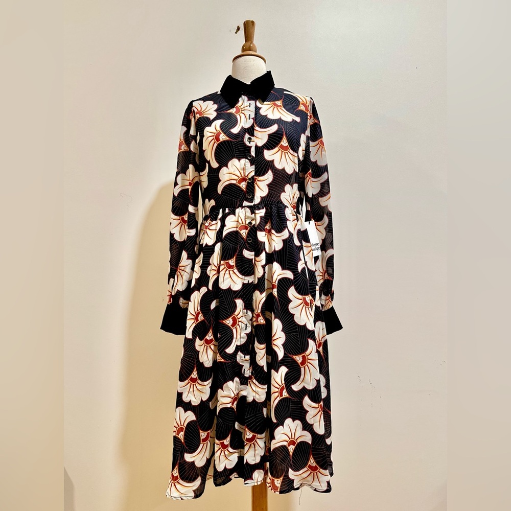 NWT Unique Vintage Art Nouveau Floral Midi Dress - Semi-Sheer Black & Ivory M